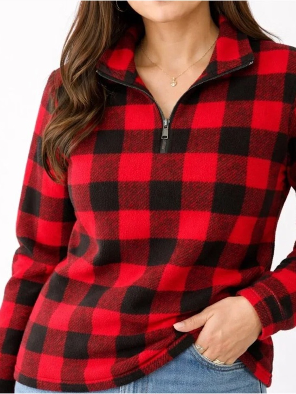 Eddie Bauer Women’s 1/4 Zip Quest Red/Black Plaid Jacket NWT